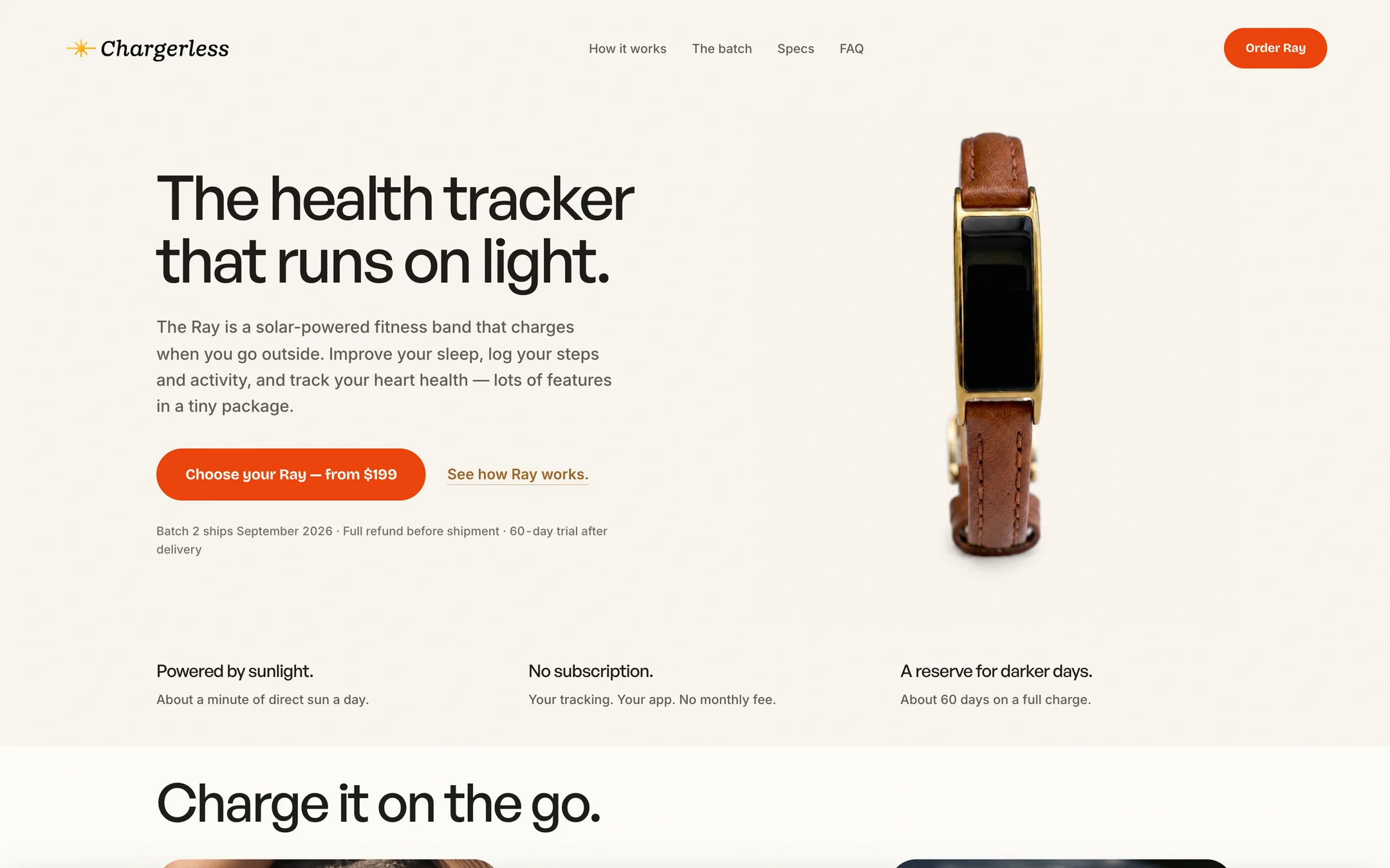 The Chargerless product page in September 2026: a headline, a short explanation, one order button and the tracker on a plain background.
