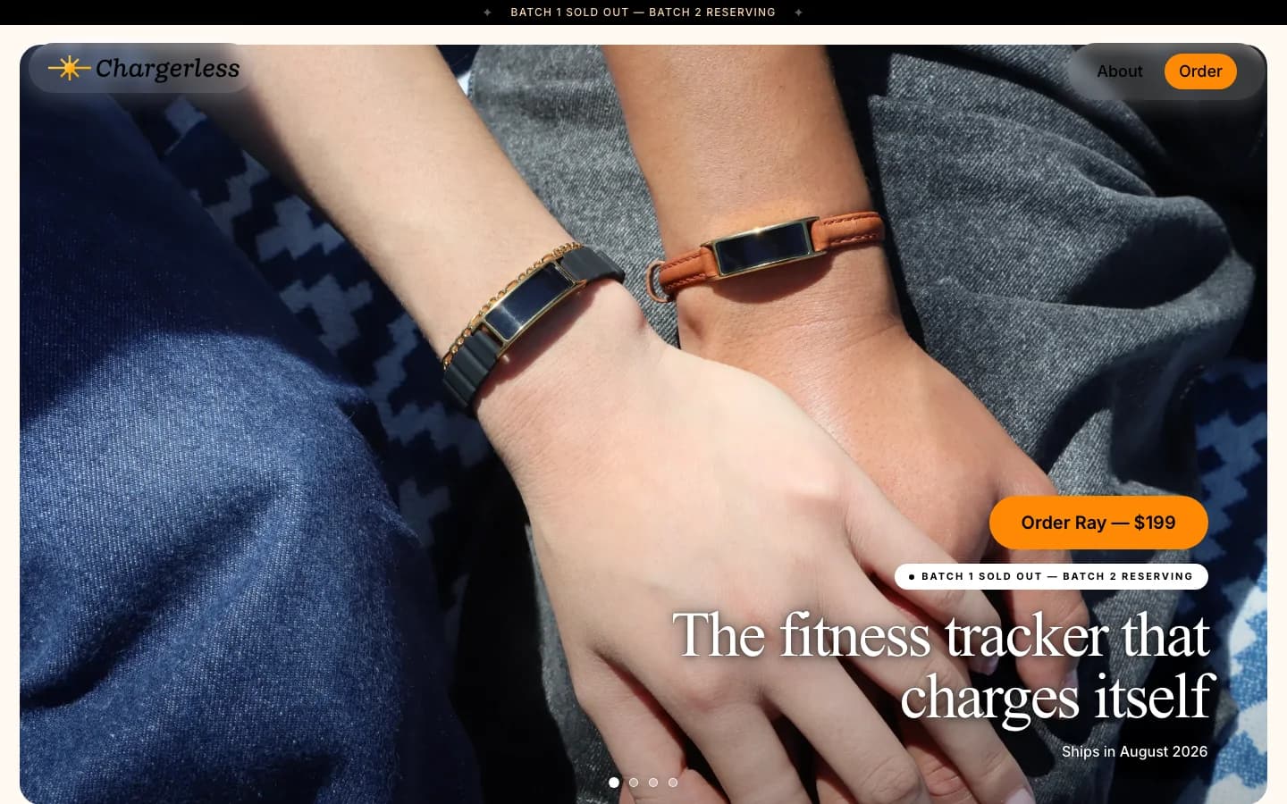The Chargerless homepage in June 2026: a full-bleed photo of two wrists wearing the tracker, with the headline and an order button laid over it.